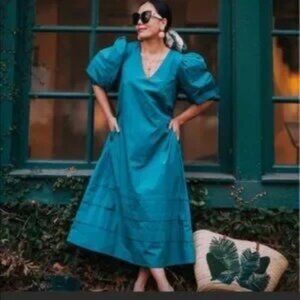 Olivia James Georgia Midi Dress in Teal Blue Green Pockets Medium Like New